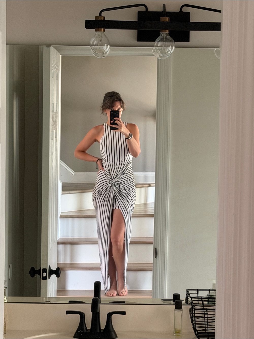 the clothing company Black & White Striped HKnot-Front Maxi Dress